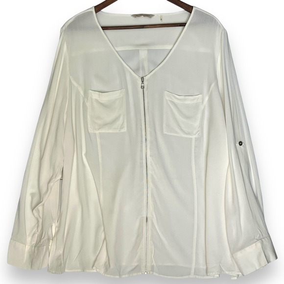 Soft Surroundings Zip Front Tunic Blouse Roll Tab Sleeve Pocket White Viscose 2X - Picture 1 of 11